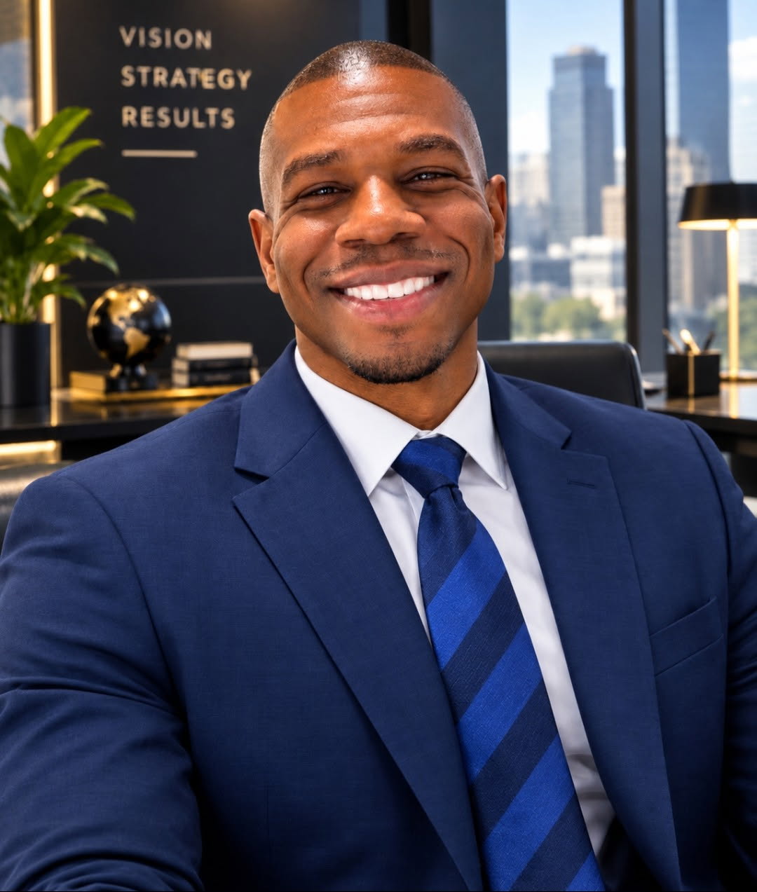 Joey Terrell, founder of Cozy Pathways LLC, seated in an office with a city skyline behind him