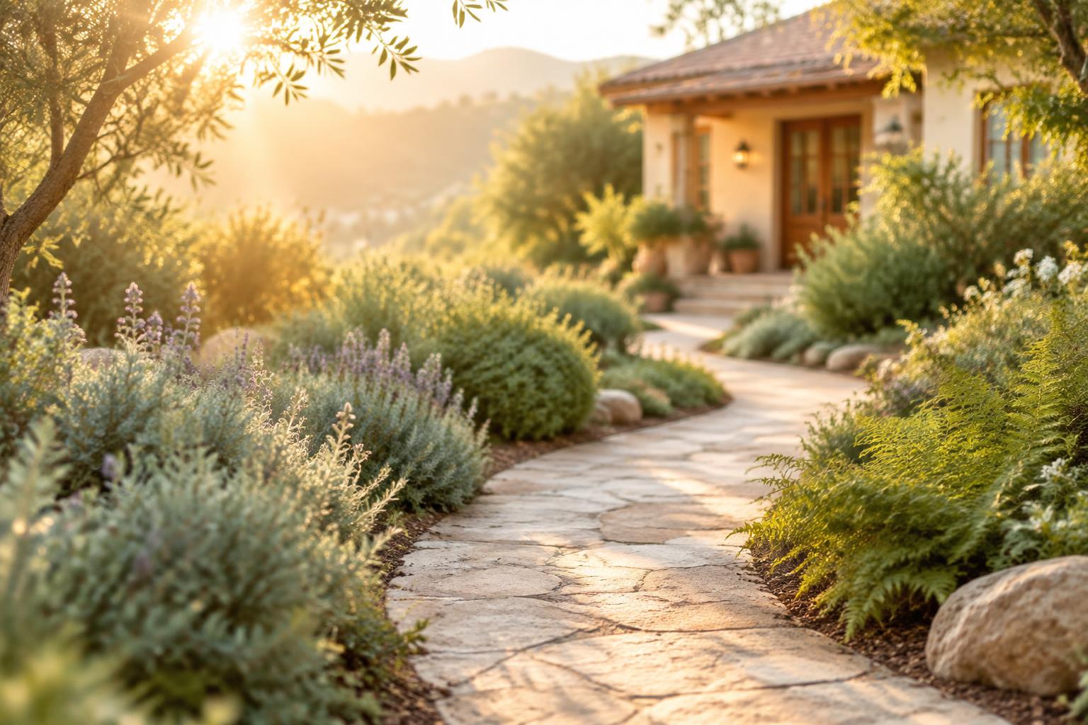 A sunlit stone path curving through pale green plantings toward a warm home