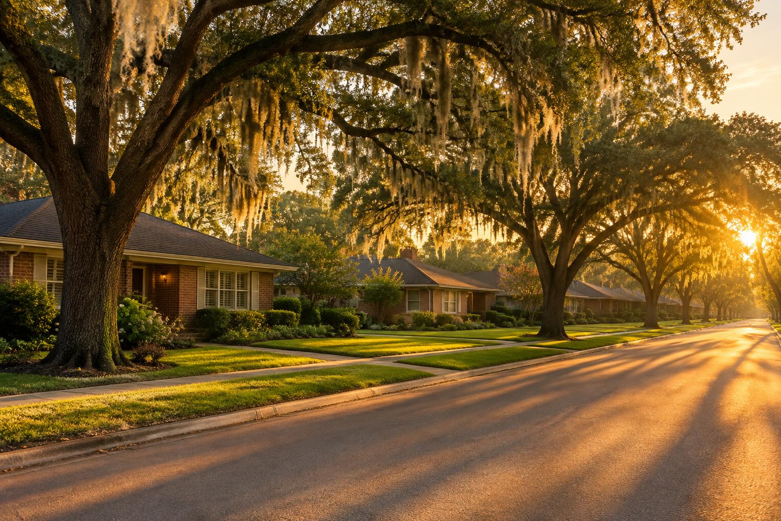 A quiet Houston residential street at golden hour, with brick homes and moss-draped live oaks